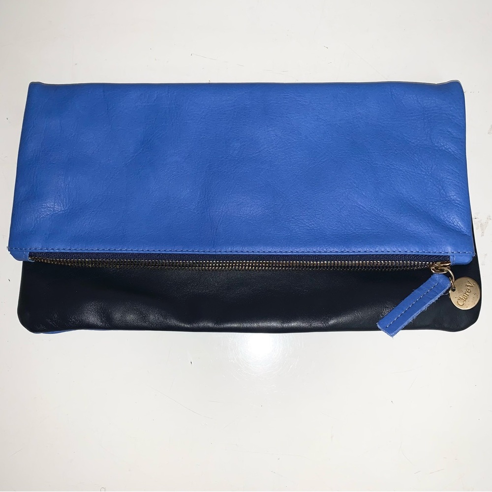 Clare V. Blue / Navy Leather Fold-over Zipper Clutch